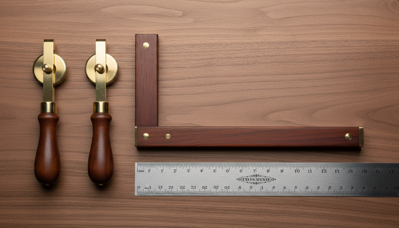 A detailed overhead view of an assortment of specialty woodworking measuring tools—precision brass marking gauges, a burnished rosewood try square, and an engraved steel rule—neatly organized on a smooth, uncluttered walnut tabletop. Soft ambient lighting from above produces even, gentle illumination, reducing harsh shadows and allowing the luster of the wood and metal to shine through. The mood is composed and professional, ideal for a high-end tool retailer. The composition follows the rule of thirds for balanced visual interest, embracing a clean and modern photographic realism.
