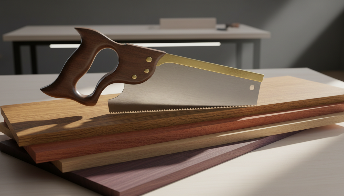 A striking composition featuring a classic brass back tenon saw with a fine polished walnut handle lying diagonally across a stack of richly colored hardwood boards. The setting suggests a moment of poised readiness in an immaculate workshop, with focused, directional artificial lighting highlighting the saw’s crisp teeth and glossy grain of the wood beneath. Gentle rim lighting accentuates edges, producing dynamic contrast and subtle drama. The shot is taken from a slightly elevated angle, producing a bold yet sophisticated mood consistent with a high-quality woodworking store. The overall aesthetic is modern, with a hint of rustic warmth.