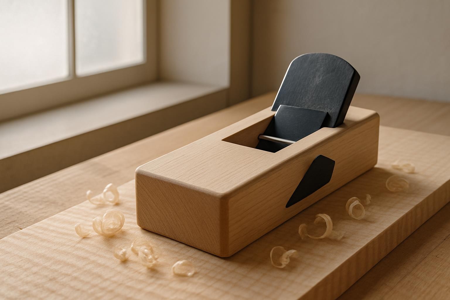 A close-up of a premium Japanese woodworking plane, its silky-smooth wooden body contrasting with the razor-sharp steel blade and striking ebony wedge, resting on a freshly planed curly maple board. The image is set in a minimalist workshop corner where morning light streams through frosted glass, creating diffused highlights that accentuate the natural textures and subtle wood shavings on the surface. The scene conveys refinement and purposeful simplicity, with a shallow depth of field isolating the tool and the quality of its materials. The visual style is crisp and clean, highlighting artisanal excellence.